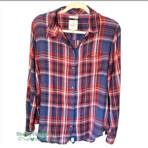 American Eagle Shirt Womens XL Red Blue Plaid Flannel Boyfriend Fit Soft Button